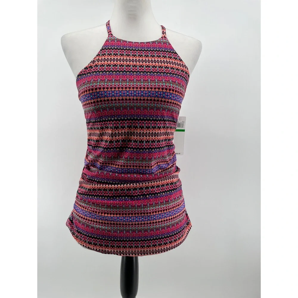 Anne Cole Tankini Swim Top Womens Large Pink Print Padded Halter Ruched Side NWT - Picture 1 of 8